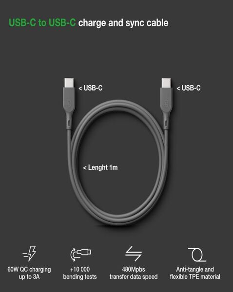 Câble USB-C vers USB-C - 60W , gris.